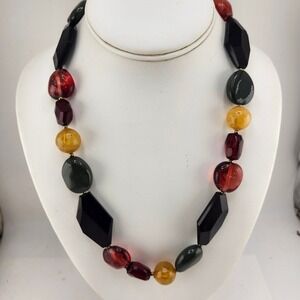 Multicolor Beaded Statement Necklace Chunky Gemstone Resin Gold Tone Clasp